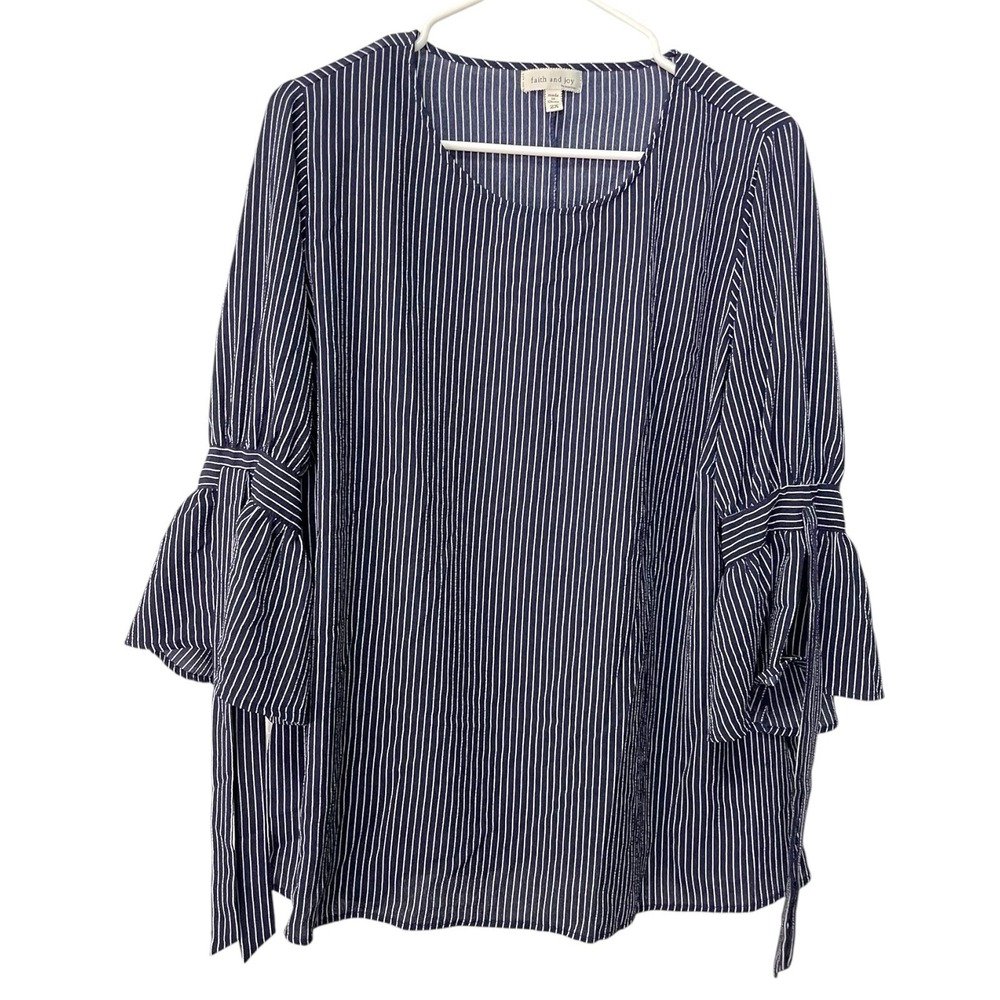 Faith and Joy 2X Navy Blue White Pinstripe Bell Sleeve Tie Cuff Blouse Nautical